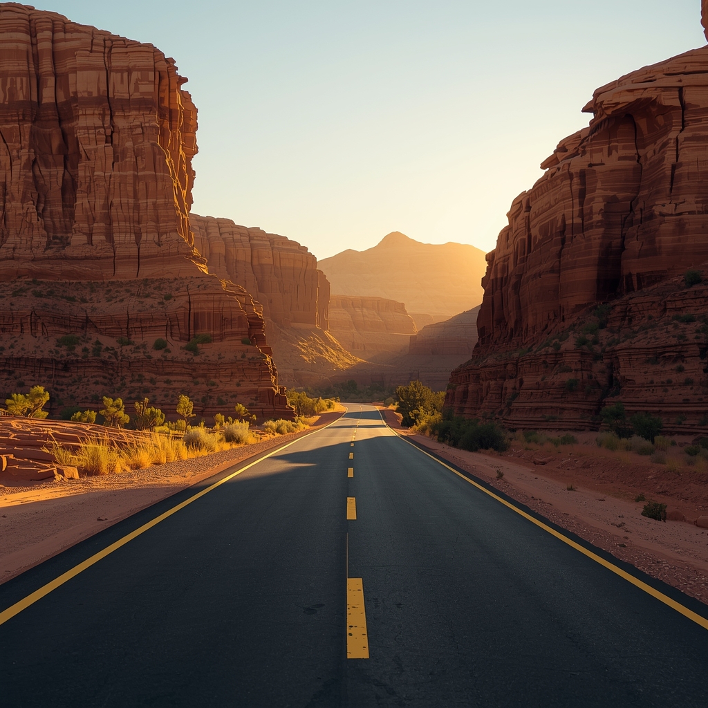 scenic road trip through a desert canyon, golden hour light, adventure travel concept, detailed texture, nano banana